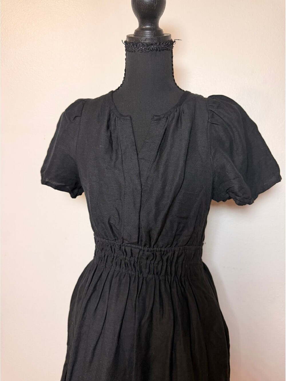 Anthropologie Black Linen Smocked Mini Dress XXS Puff Sleeve Tiered